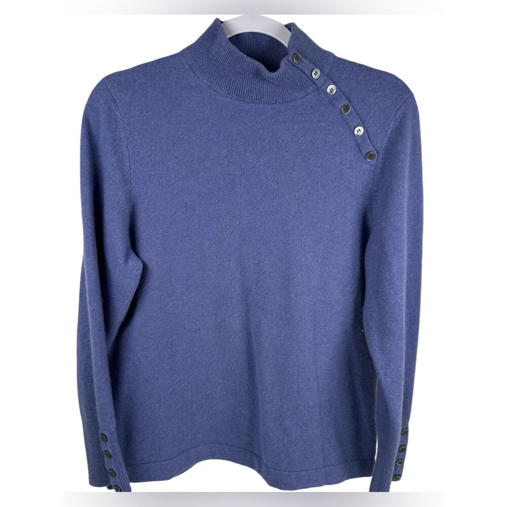 Charter Club 2-Ply 100% Cashmere Blue Button Shoulder Mock Neck Sweater Sz Large